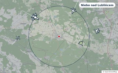 Mapa okolic miasta z sylwetkami samolotów — Niebo nad Lublińcem na żywo
